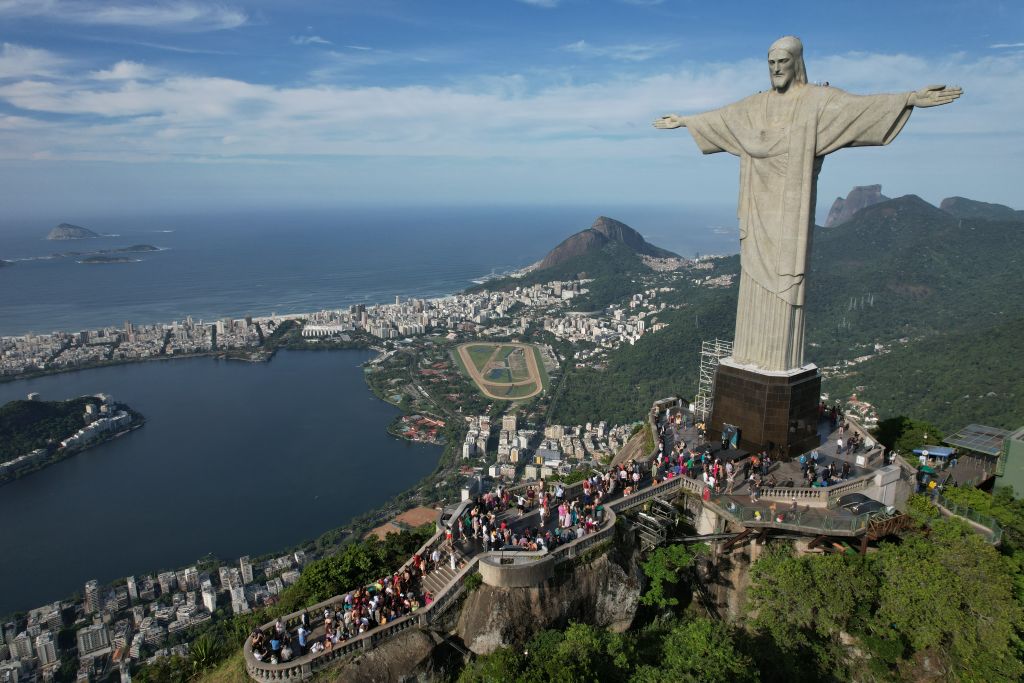 Taylor Swift T-shirt projected onto Christ the Redeemer statue